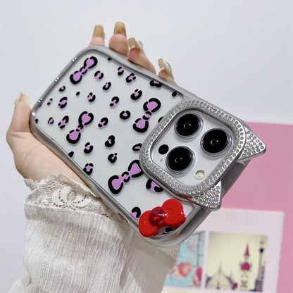 Cute Phone Cases: Leopard Bowknot Cat Ear Silver Case for iPhone 15/14/13/12 Pro Max - TSP313