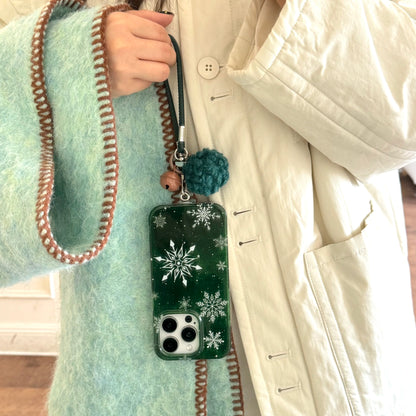 Cute Phone Cases For iPhone 16, 15, 14, 13 Pro Max - Vintage Glittering Green Snowflakes - Fluffy Dangle Chic Back Cover - PC9430