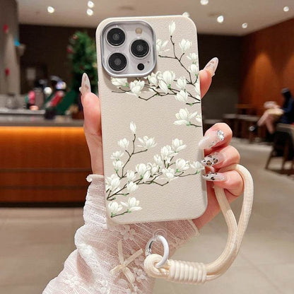 Cute Phone Cases For iPhone 16, 15 Pro Max, 14 Plus, 13, 12 Pro Max - Printed Flowers Leather Cover with Lanyard - PC6320 - Touchy Style