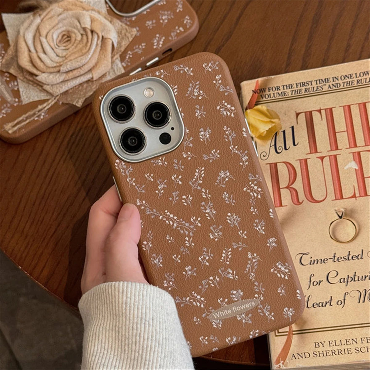 Cute Phone Cases for iPhone 13, 14, 15, or 16 Pro Max with Wristband - Vintage 3D Rose Pattern - TSP438