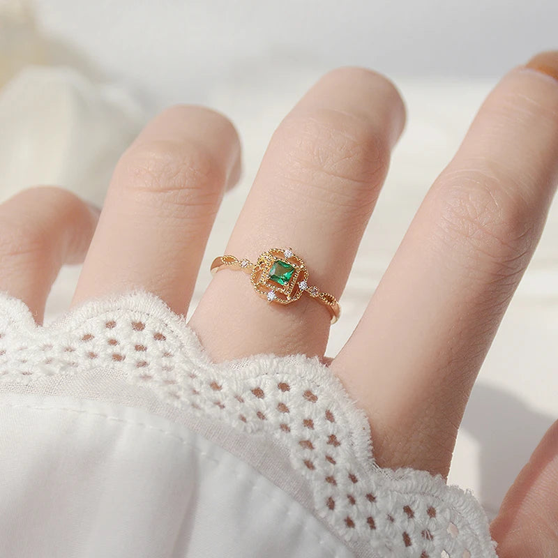 Ring Charm Jewelry Golden Color Temperament Emerald Rings Adjustable Design