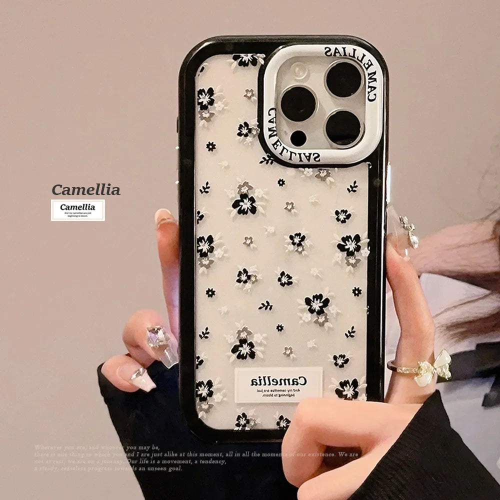 Cute Phone Cases For iPhone 16, 15, 14, 13, 12, 11 Pro Max, Xr, 15, 16 Plus - Black Camellia Flowers - Transparent Cover - IC3040