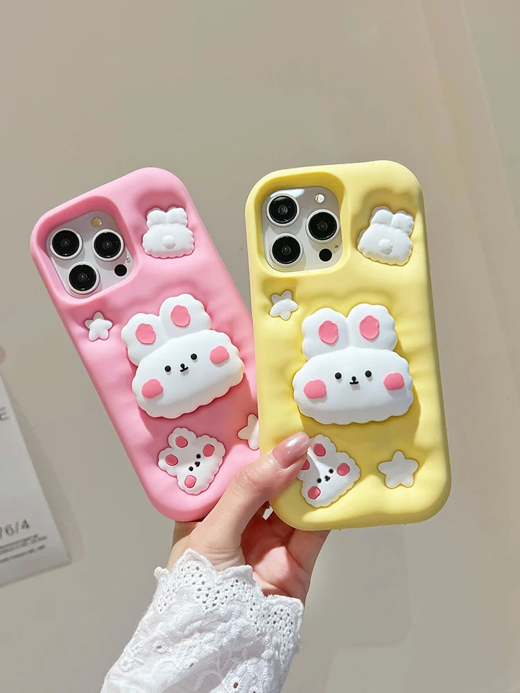 Cute Phone Cases - 3D Rabbit Folding Silicone Stand Cover for iPhone 15/14/13/12/11 Pro Max - TSP286