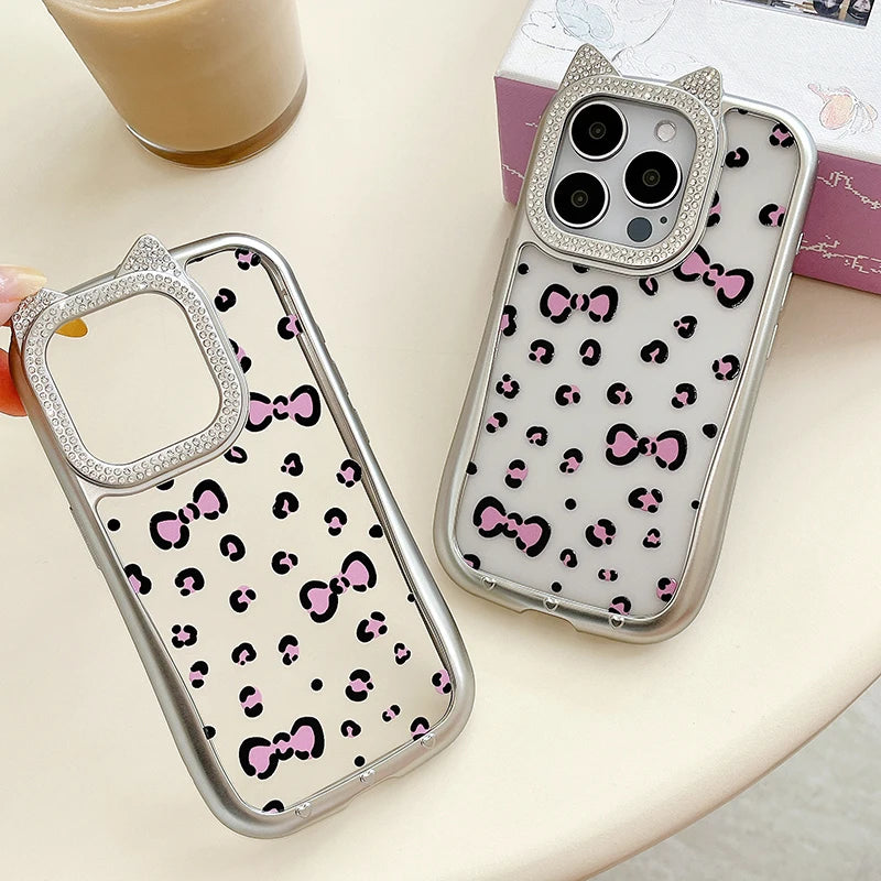 Cute Phone Cases: Leopard Bowknot Cat Ear Silver Case for iPhone 15/14/13/12 Pro Max - TSP313