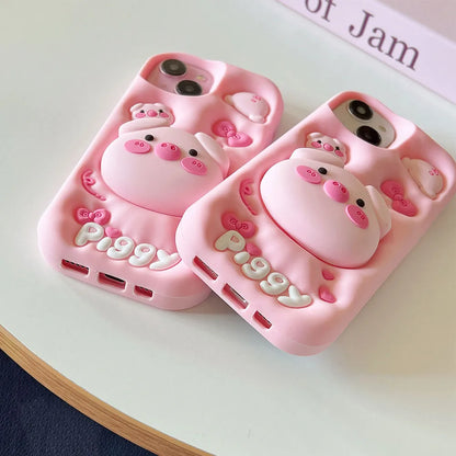 Cute Phone Cases for iPhone 15 Pro Max, 14, 13, 12, and 11 - Funny Pig Piggy, Telescopic Bracket - TSP284