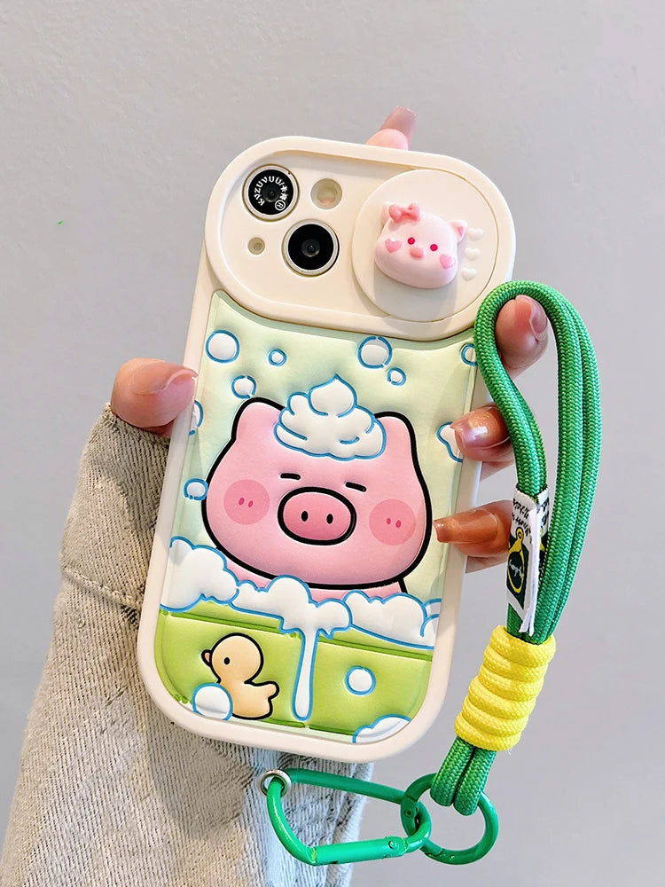 Cute Phone Cases: Cartoon Pig Lens Protector Case with Bracelet for iPhone 15/14/13/12 Pro Max - TSP314