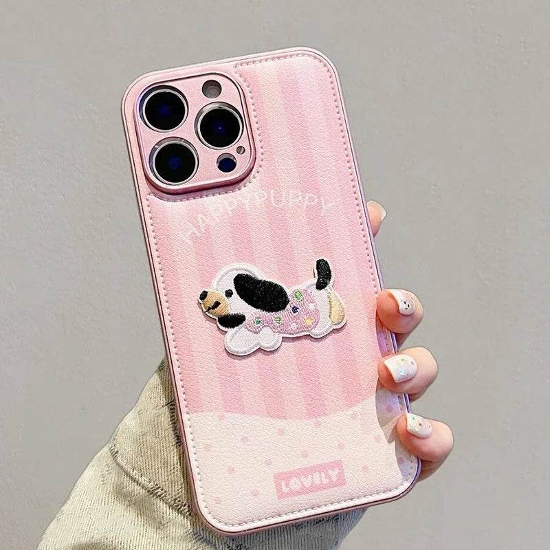 Cute Phone Cases For iPhone 16, 15, 13, 14 Pro Max - Pink Cartoon Dog Puppy - Soft Leather Cover - PC4421 - Touchy Style