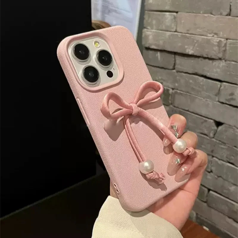 Cute Phone Cases For iPhone 16, 15, 14, 13, 12 Pro, 11 Plus, 11 Pro Max - 3D Pearl Bowknot PU Soft Cover - PC0220