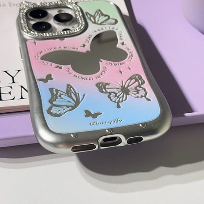 Cute Phone Cases: Lovely Butterfly Silver Mirror Back Cover with Cat Ears for iPhone 11-15 Pro Max - TSP288