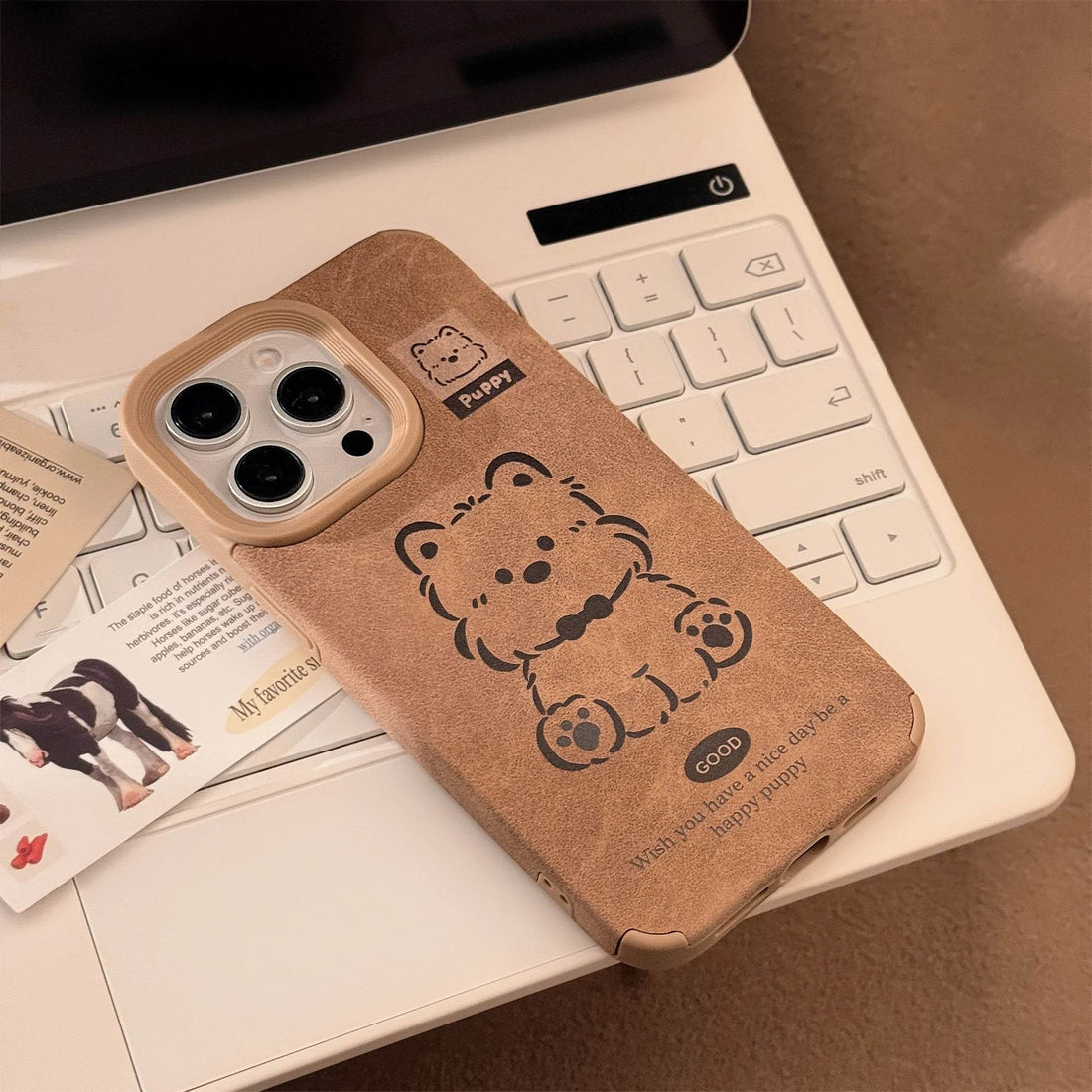 Cute Phone Cases For iPhone 16, 15, 14, 13 Pro Max - Cartoon Dog Back Cover with Fluffy Dangle - PC3411