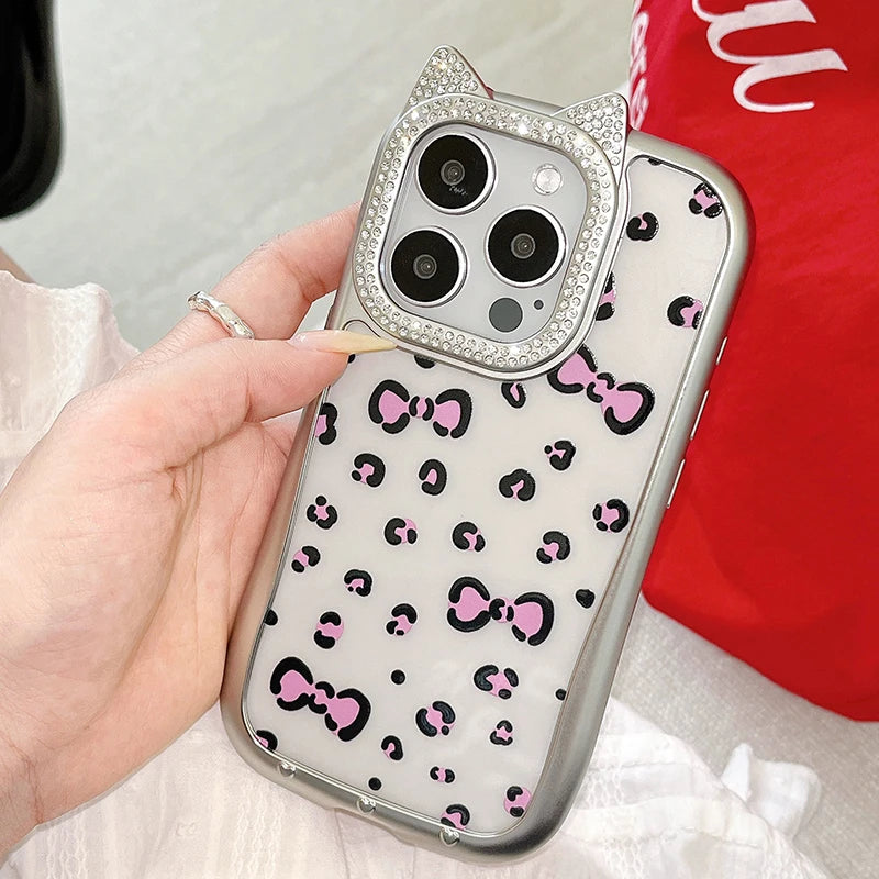 Cute Phone Cases: Leopard Bowknot Cat Ear Silver Case for iPhone 15/14/13/12 Pro Max - TSP313