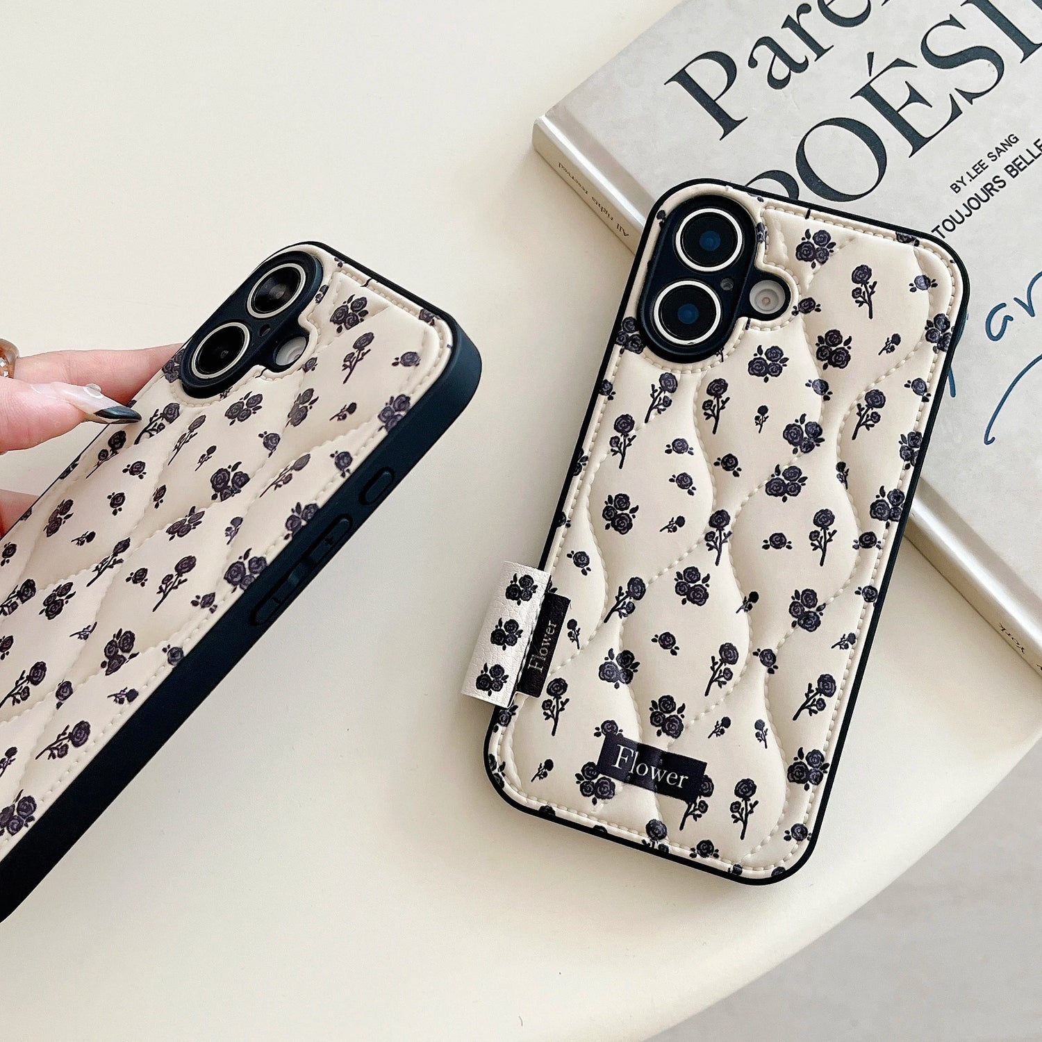 Cute Phone Cases for iPhone 16, 15, 14, 13 Pro Max - Winter Vibe Cotton Stuffed Black Roses Pattern - Chic Back Cover - PC1320