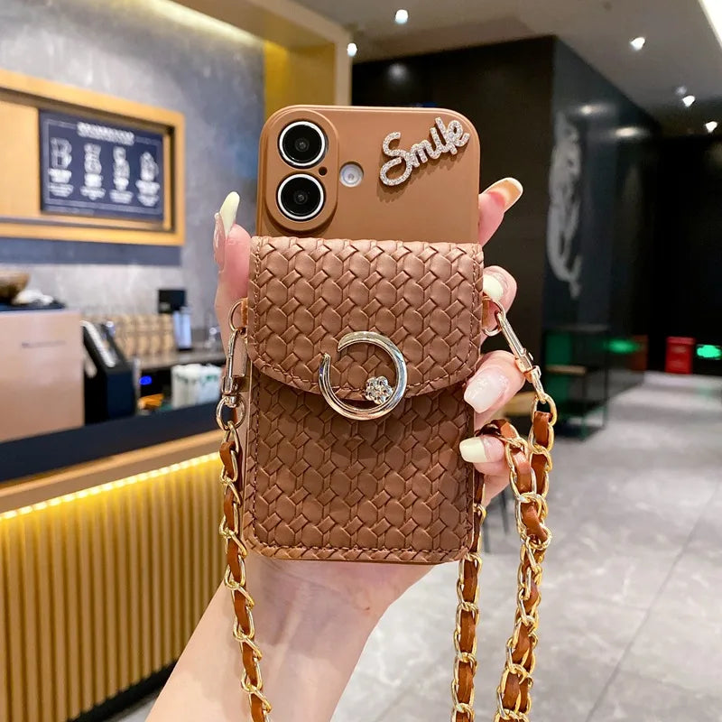 Cute Phone Cases for iPhone 16, 11, 12, 13, 14, 15 Pro Max - Woven Pattern - Wallet Card Holder with Lanyard Cover - NU415