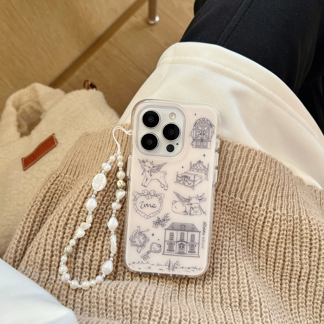 Cute Phone Cases For iPhone 16, 15, 14, 13 Pro Max - Matte Double Layer Goat &amp; House Sketch - Cover With Wrist Chain - PC5040