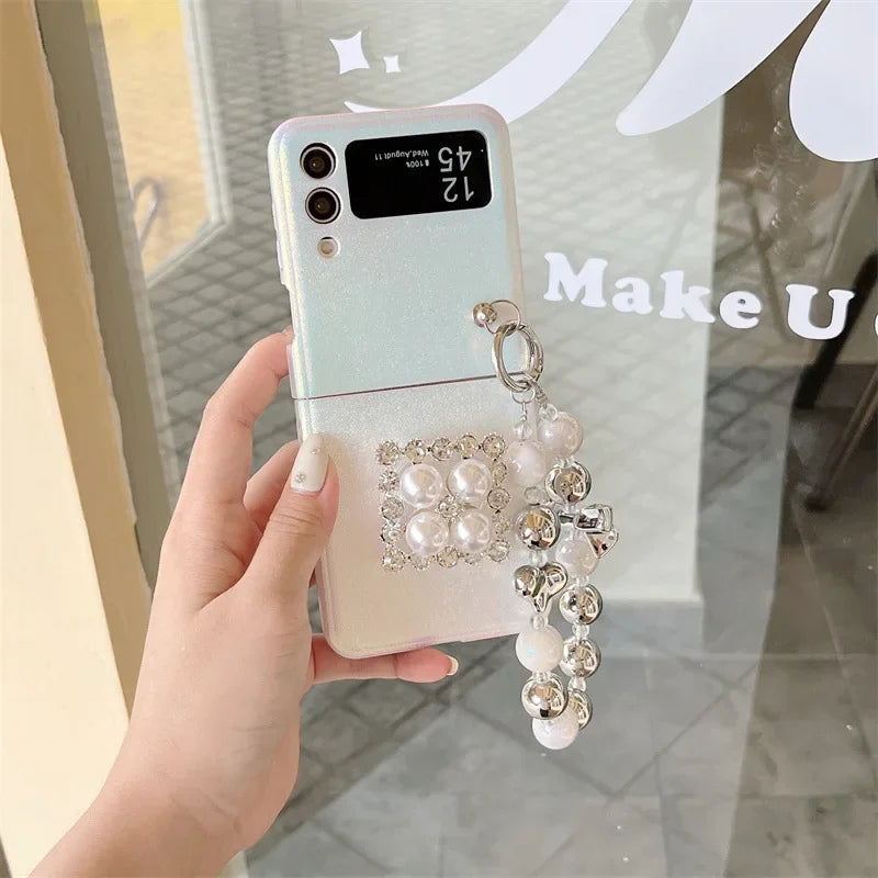 Cute phone Cases For Galaxy Z Flip 5 3 4 - Luxury Pearl Rhinestone Glitter Laser Cover with Wristchain - C5220