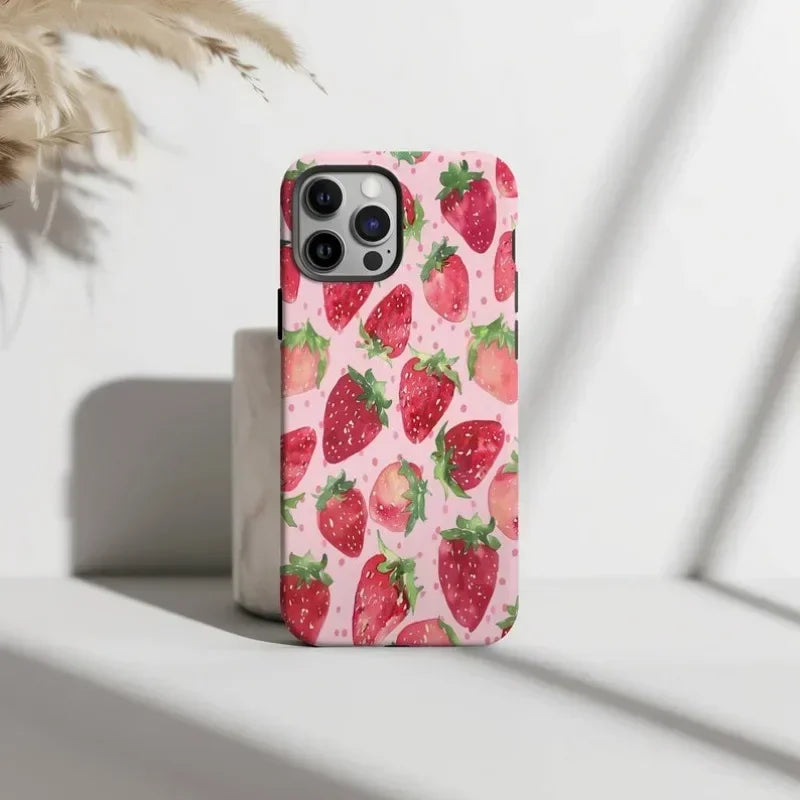 Cute Phone Cases For iPhone 16ProMax 15 14 13 12 11 PRO Plus - Watercolor Strawberry Pattern - Acrylic TPU Cover