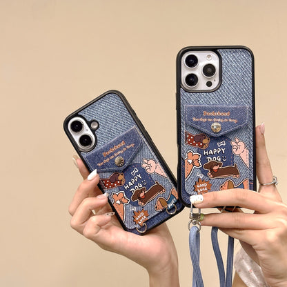 Cute Phone Cases For iPhone 16, 15, 14, 13 Pro Max - Denim Cloth Embroidery Cartoon Dog - PC5320