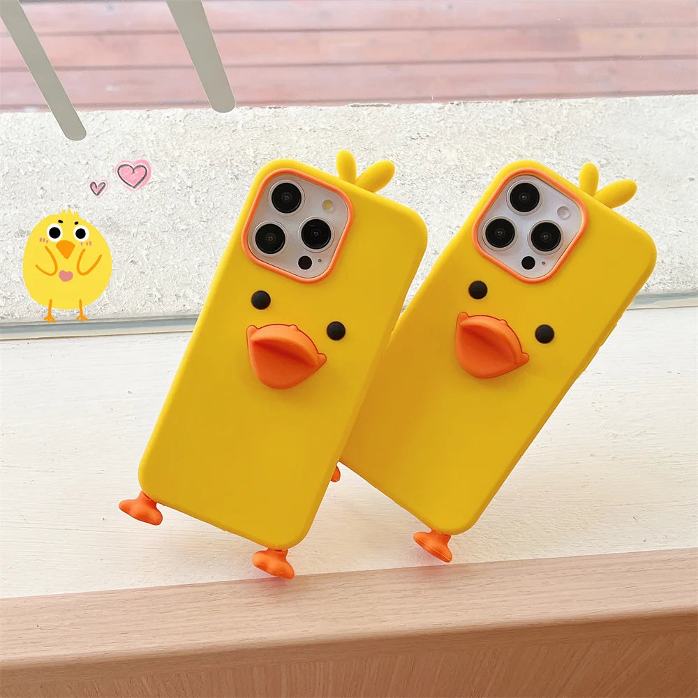 Cute Phone Cases For iPhone 16, 15, 14, 13, 12Mini, 11 Pro Max, 11 Plus, X, XR, XS - Soft Silicone 3d Little Yellow Duck - IC8021