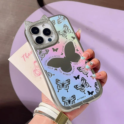 Cute Phone Cases: Lovely Butterfly Silver Mirror Back Cover with Cat Ears for iPhone 11-15 Pro Max - TSP288