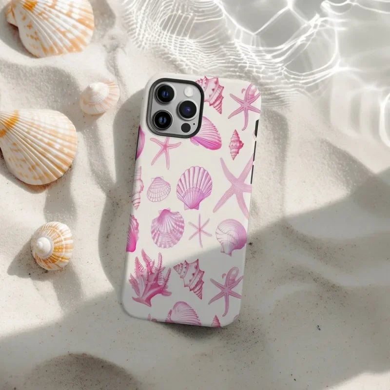 Cute Phone Cases For iPhone 16ProMax, 15, 14, 13, 12, 11 PRO, 11 Plus - Pink Seashell Pattern - Acrylic TPU Cover - IC7221 - Touchy Style