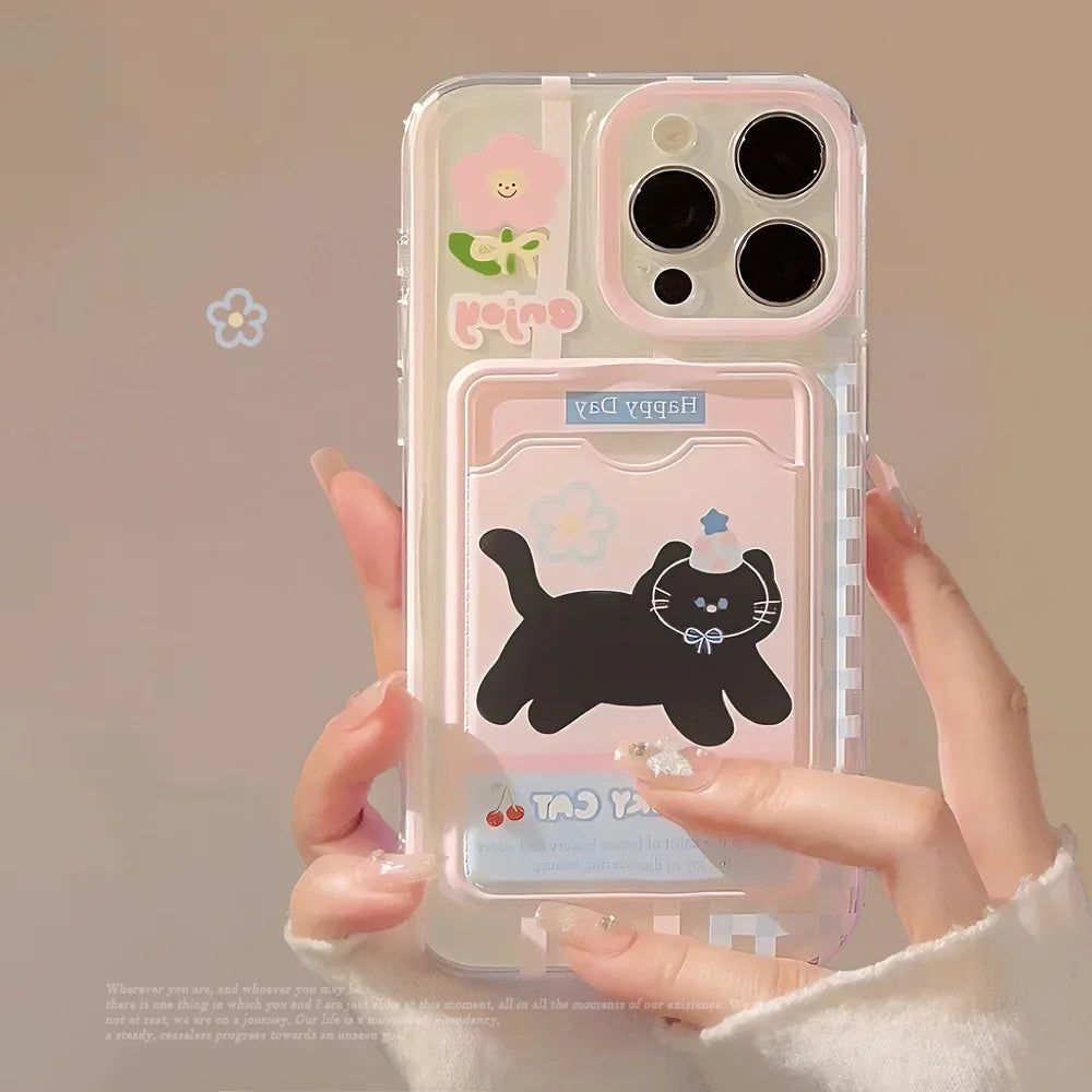 Cute Phone Cases For iPhone 16, 15, 14, 13, 12 Pro Max, Xr, 15 Plus - Cherry Party Black Cat Cartoon Cover - IC5190 - Touchy Style