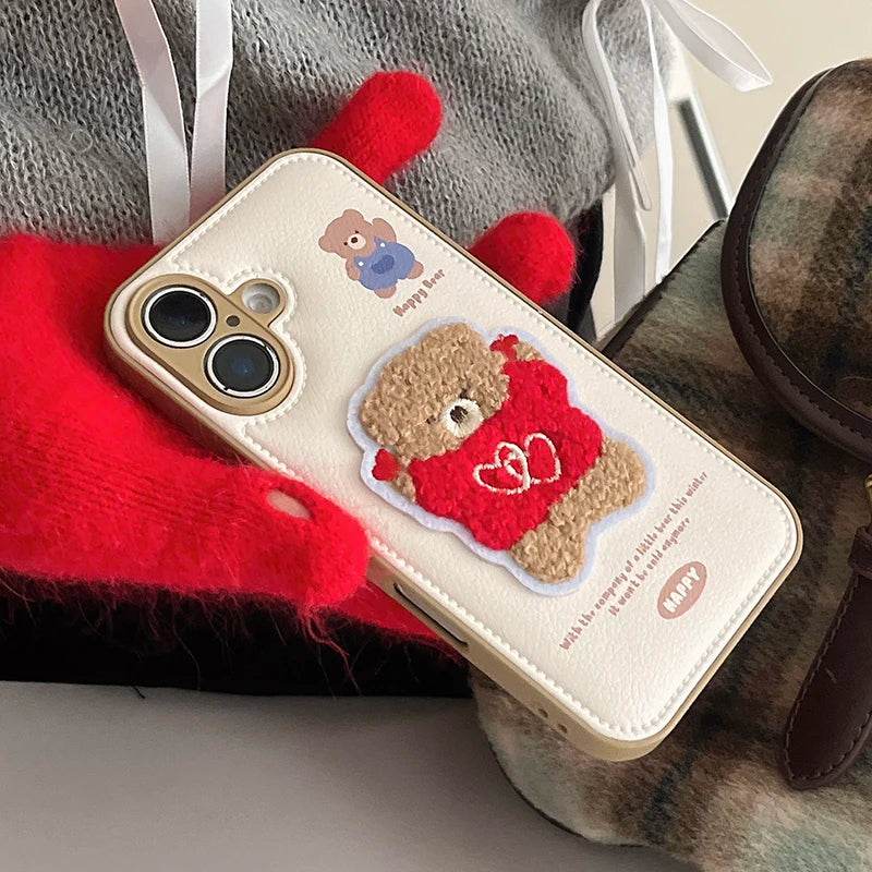 Cute Phone Cases For iPhone 16 Pro Max, 15, 13, 14 - Embroidered Heart &amp; Bear Pattern - Leather Cover - PC1421 - Touchy Style