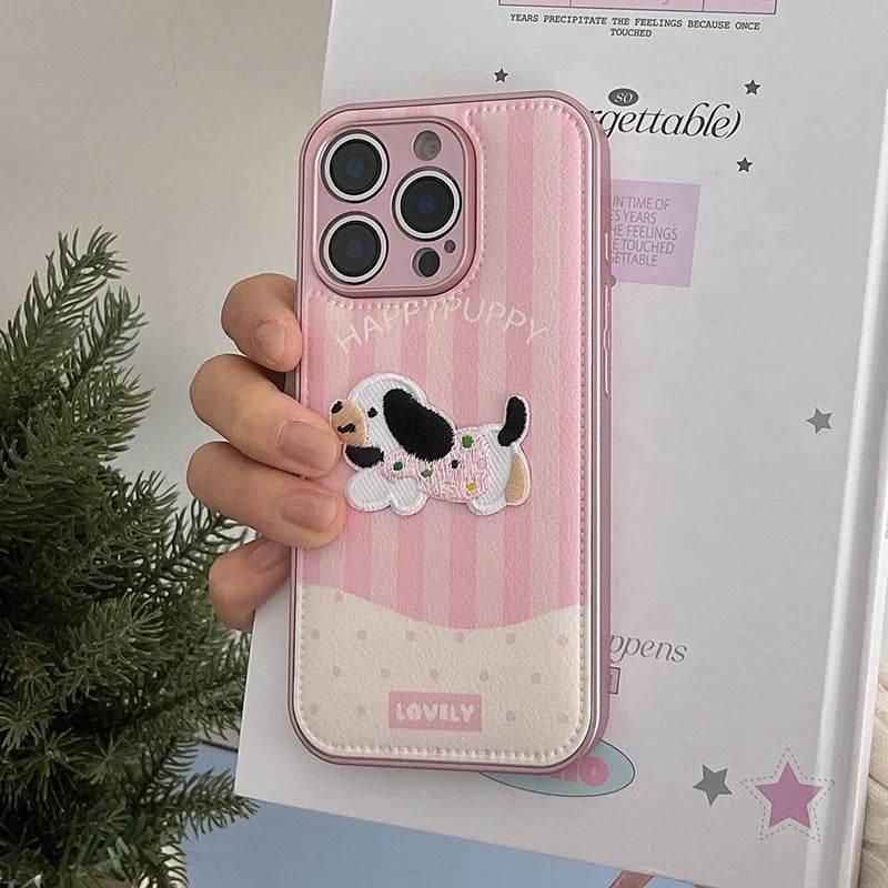 Cute Phone Cases For iPhone 16, 15, 13, 14 Pro Max - Pink Cartoon Dog Puppy - Soft Leather Cover - PC4421 - Touchy Style