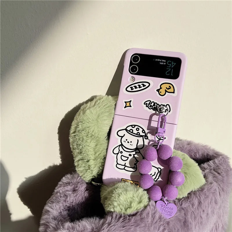 TSP76 Cute Phone Cases For Galaxy Z Flip 3 4 Flip4 5G - Cartoon Purple Cover With Lanyard