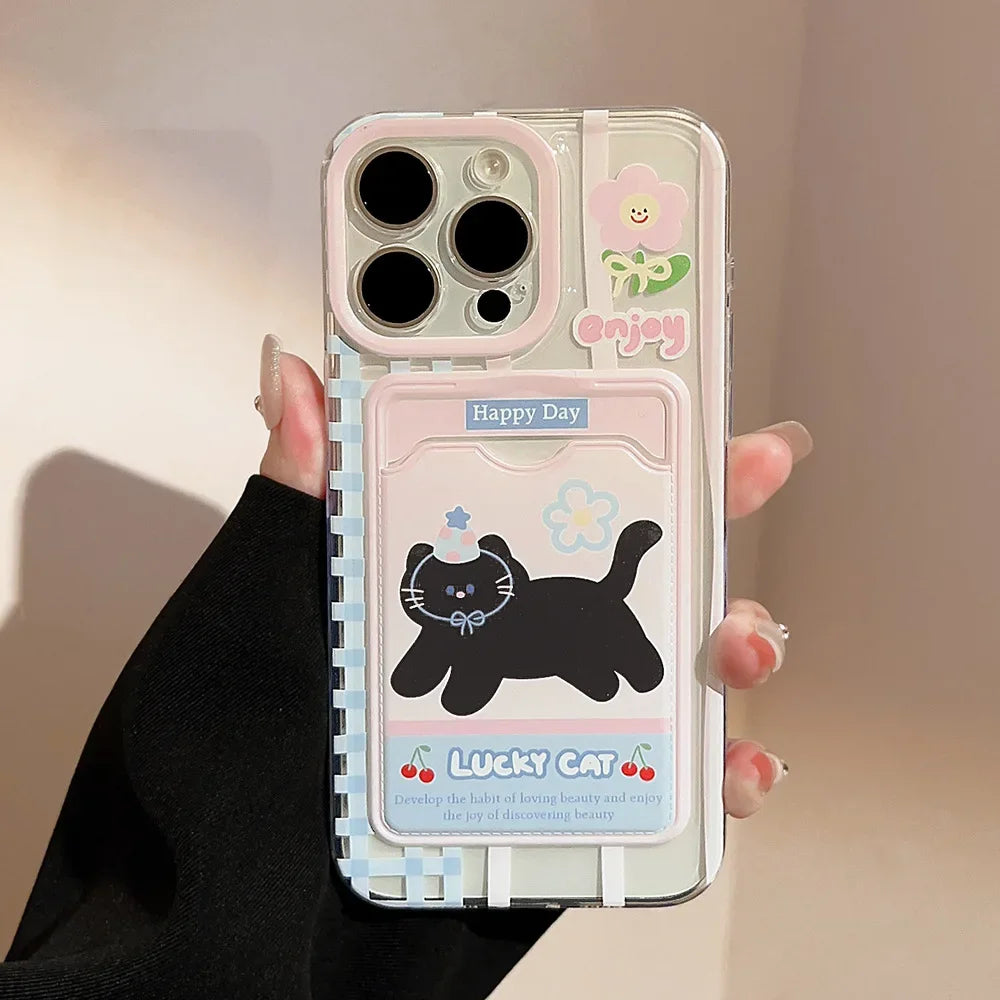 Cute Phone Cases For iPhone 16, 15, 14, 13, 12 Pro Max, Xr, 15 Plus - Cherry Party Black Cat Cartoon Cover - IC5190