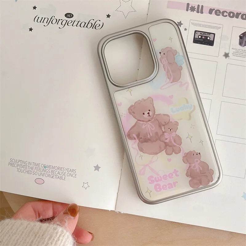 Cute Phone Cases For iPhone 16, 15, 14, 13 Pro Max - Silver Border, Cartoon Fairy Pink Bow Bear - Drip Glue Cover - CC0440 - Touchy Style