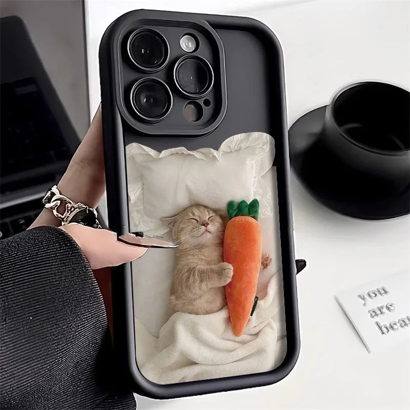 Cute Phone Cases For iPhone 7, 8, 8 Plus, X, XR, XS, 11, 12, 13, 14, 15, 16, and Pro Max, SE 2020. - Sleepy Cat Carrot - TSP520