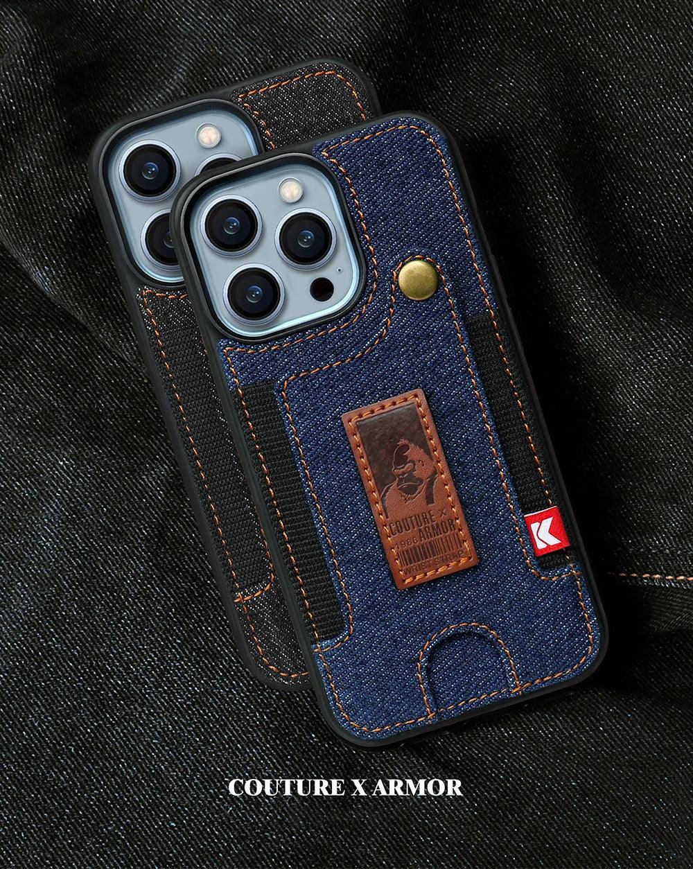 TSP81 Cute Phone Cases For iPhone 14 Pro Max, 13, and 12 Plus - With Card Pocket and Finger Holder - Denim Cover