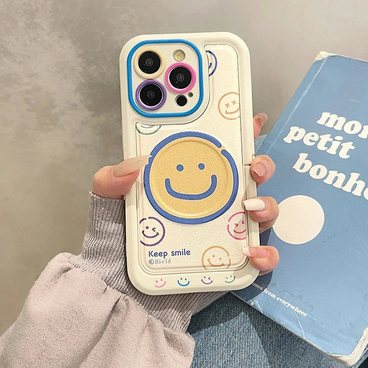 Invisible Bracket Cartoon Smile Leather Cute Phone Case for iPhone 11-15 Pro Max Plus