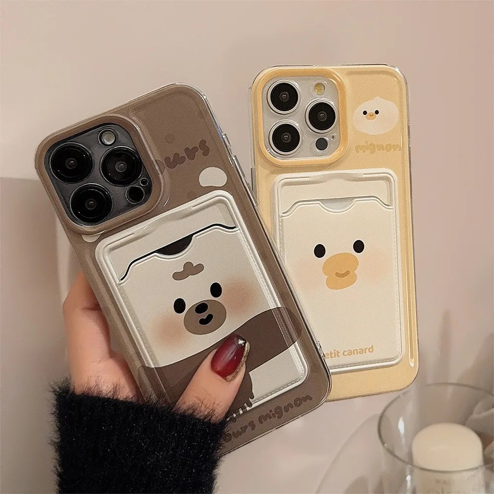 Cute Phone Cases For iPhone 16, 15, 14, 13, 12, 11 Pro Max, Xr, 16 Plus - Funny Photo Card Holder - Scarf Bear duck Pattern - IP6490