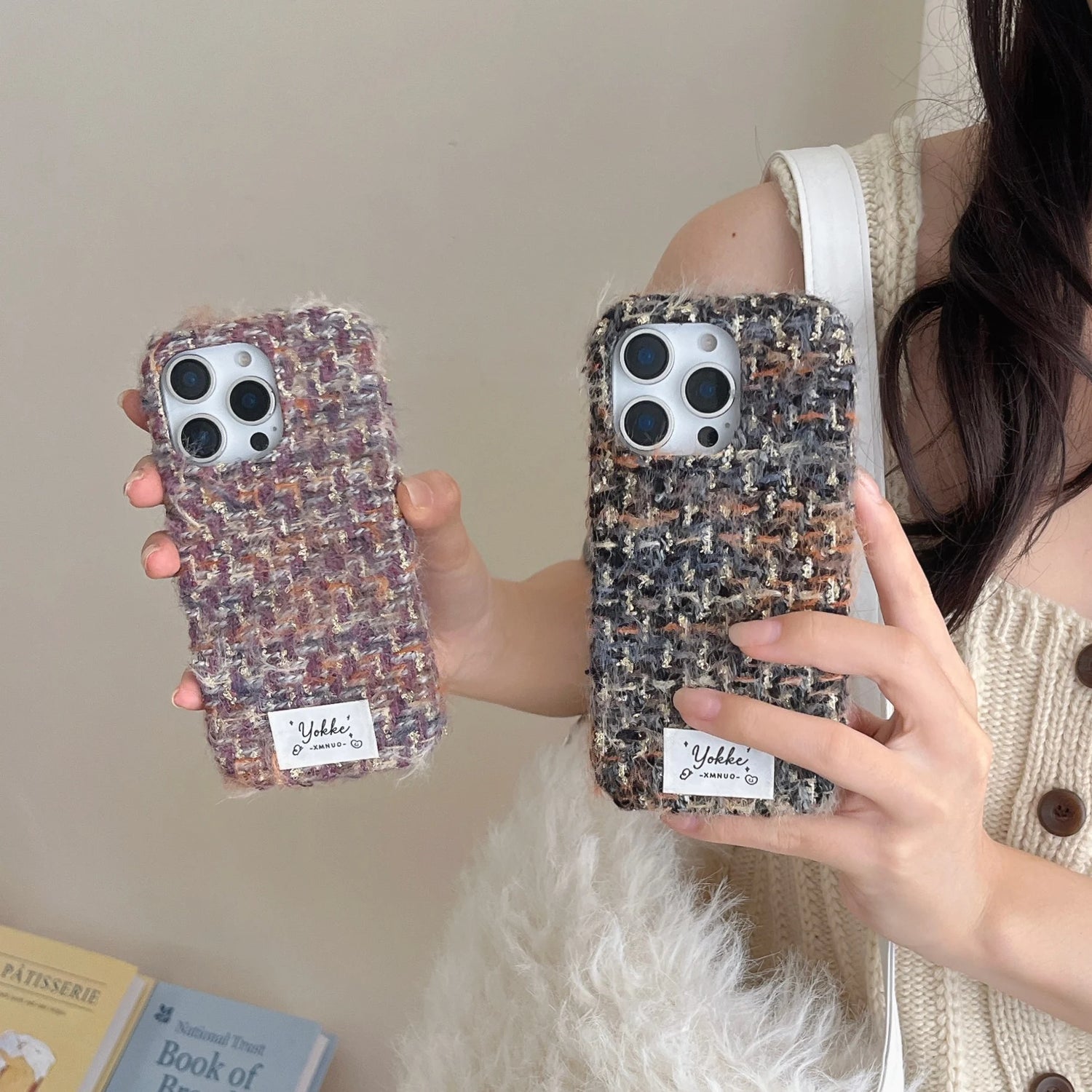 Cute Phone Cases For iPhone 16, 15, 14, 13 Pro Max - Fashionable Woven Pattern Woolen Texture Back Cover - PC0430