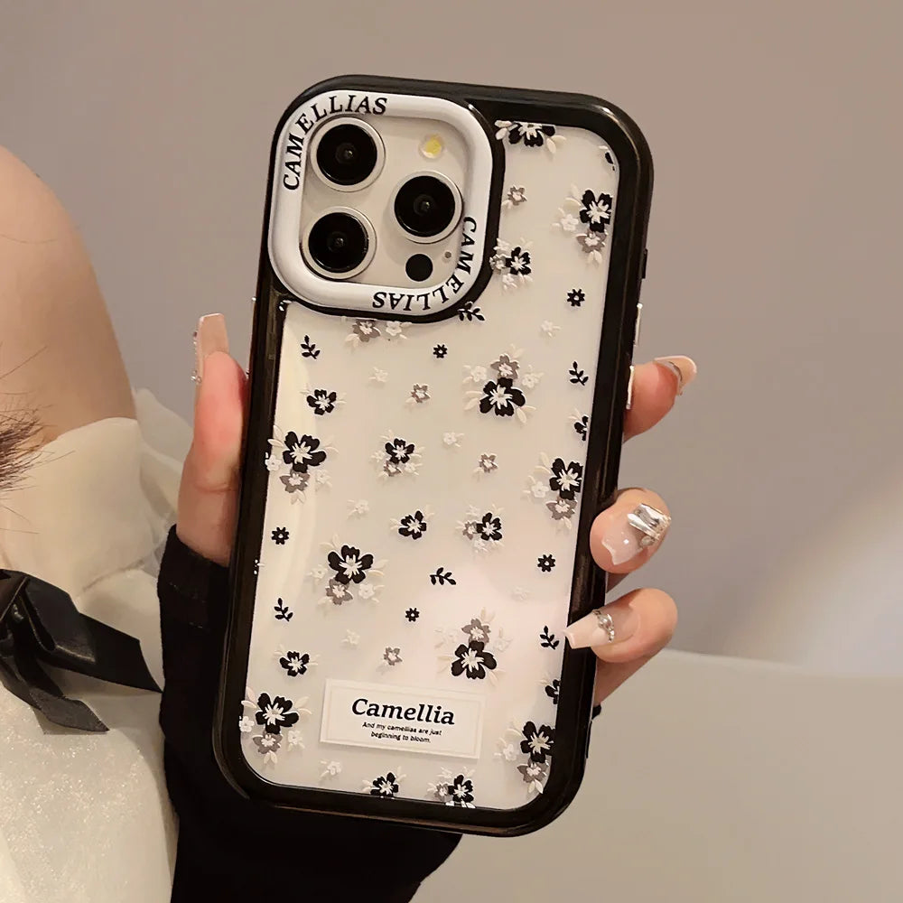 Cute Phone Cases For iPhone 16, 15, 14, 13, 12, 11 Pro Max, Xr, 15, 16 Plus - Black Camellia Flowers - Transparent Cover - IC3040