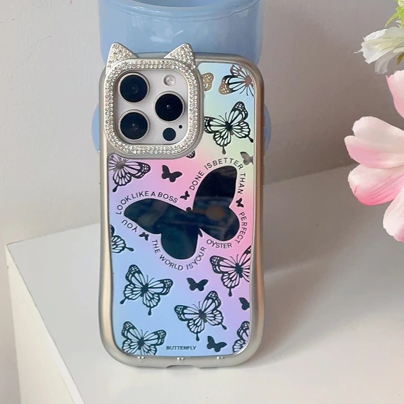 Cute Phone Cases: Lovely Butterfly Silver Mirror Back Cover with Cat Ears for iPhone 11-15 Pro Max - TSP288