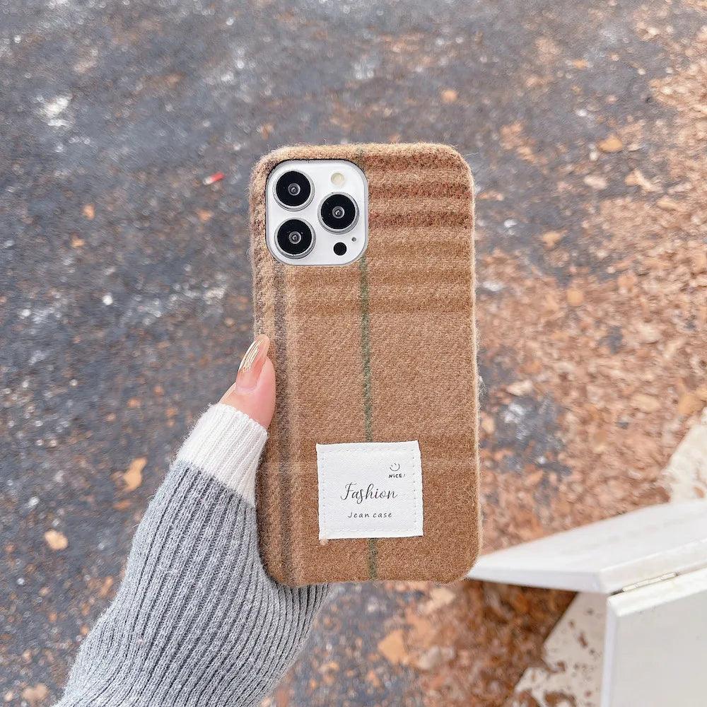 TSP80 Cute Phone Cases For iPhone 15, 11, 14 Pro Max, and 13, 12 - Stylish Woolen Plush Plaid Cover