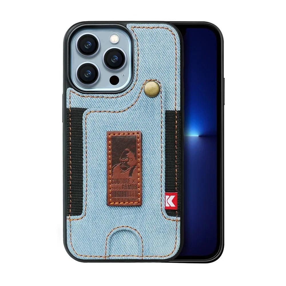 TSP81 Cute Phone Cases For iPhone 14 Pro Max, 13, and 12 Plus - With Card Pocket and Finger Holder - Denim Cover