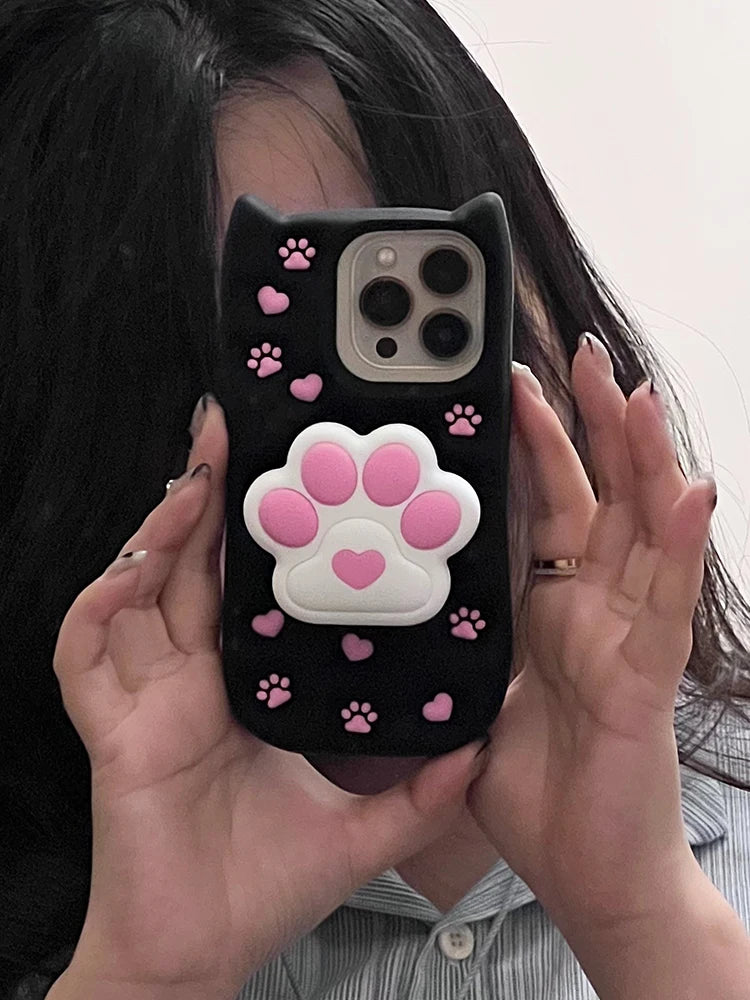 Cute Phone Cases: 3D Cat Paw Silicone Case with Stand for iPhone 15/14/13/12 Pro Max - TSP310