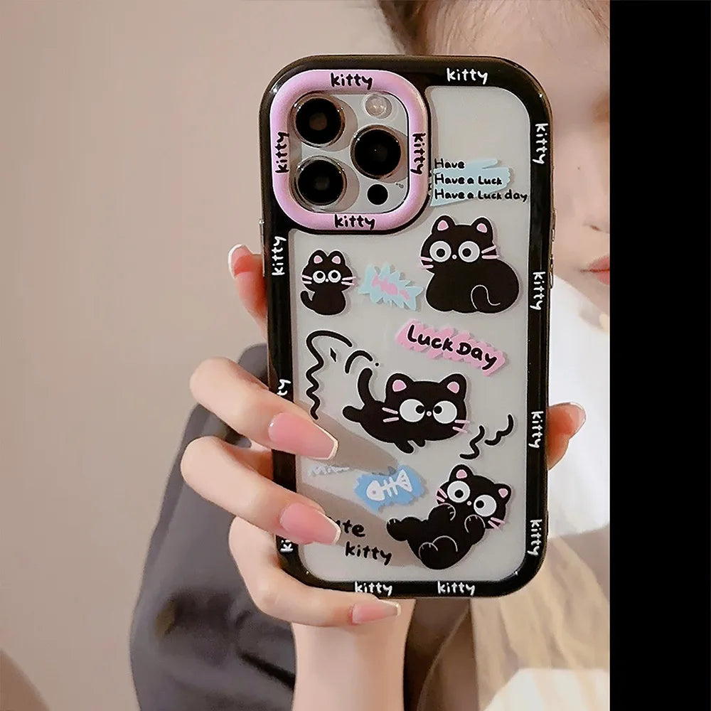 Cute Phone Cases For iPhone 16, 15, 14, 13, 12, 11 Pro Max, Xr, 16 Plus - Funny Black Cat Cartoon Cover with Wristchain - IC9420