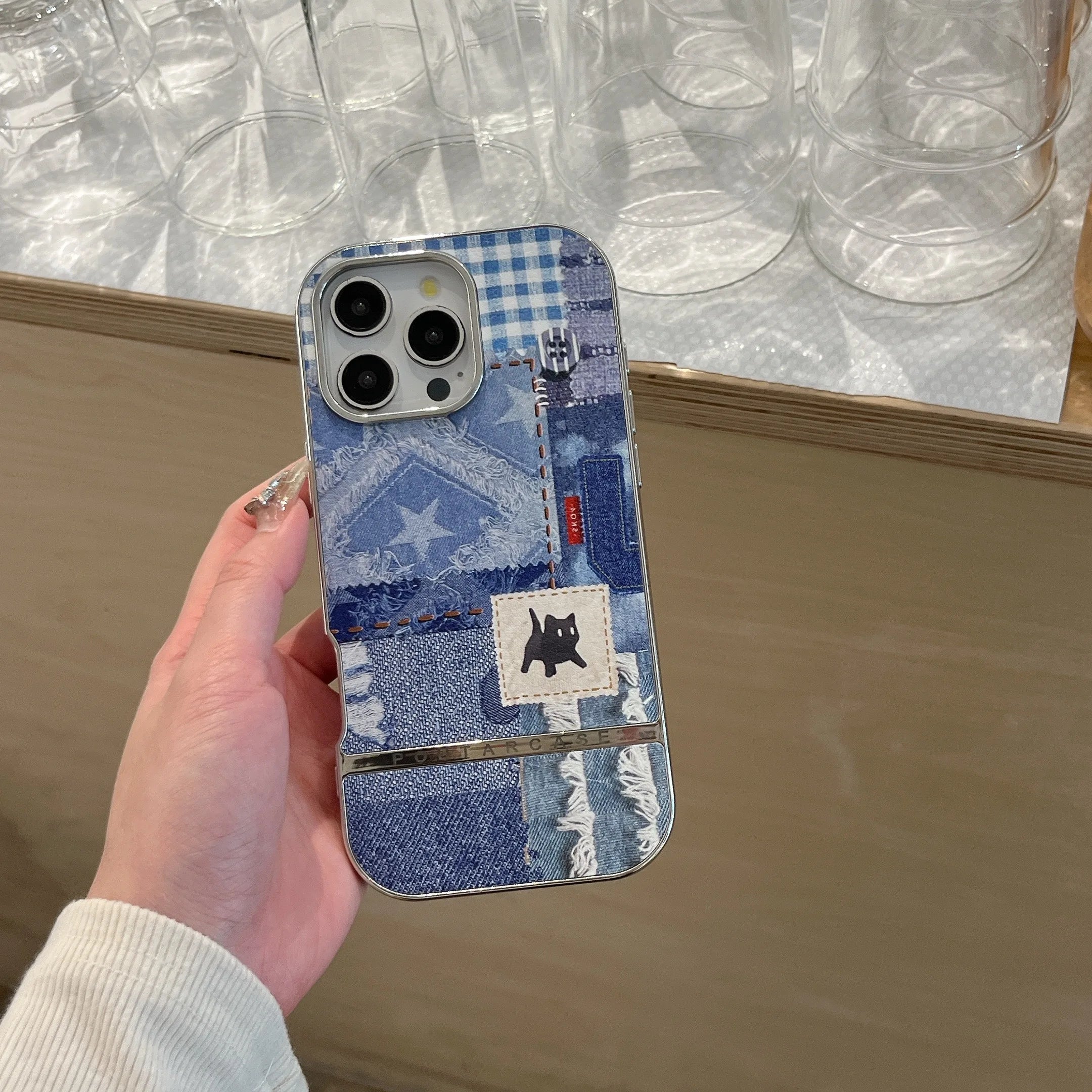 Cute Phone Cases For iPhone 16, 15, 14, 13 Pro Max - Splicing Denim Cloth Little Cat Pattern - Back Cover with Wrist Strap - PC6320