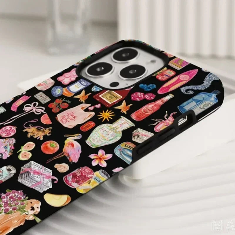 Cute Phone Cases For iPhone 16 Pro Max, 15, 14, 13, 12, 11 PRO, 11 Plus - Girly Cartoon Collage - Acrylic TPU Cover - PC7220