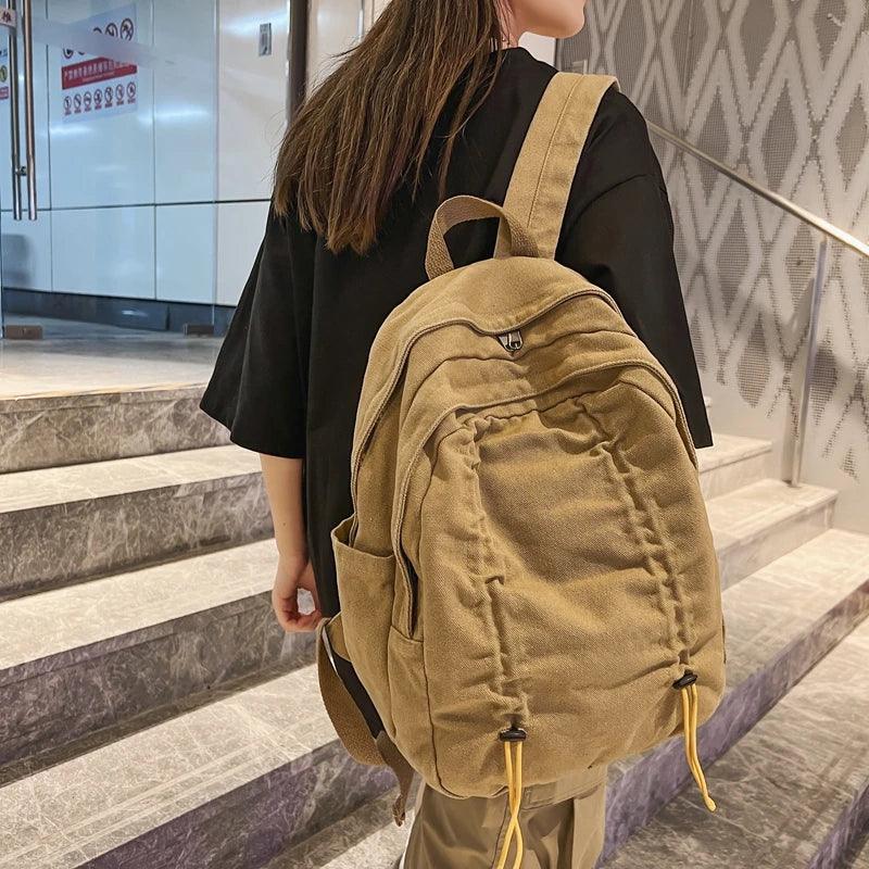 B3087 Cool Backpack - Solid Canvas School Bags - Drawstring Design - Touchy Style