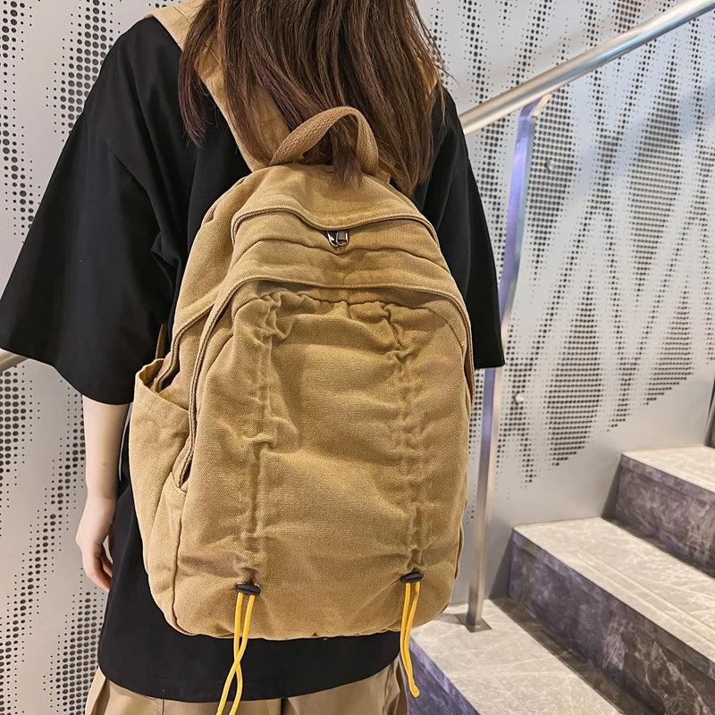 B3087 Cool Backpack - Solid Canvas School Bags - Drawstring Design - Touchy Style