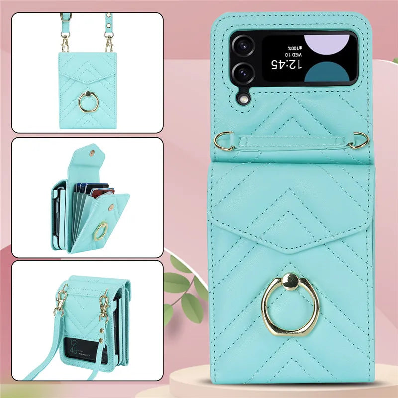 BCPC947 Cute Phone Cases for Galaxy Z Flip 5, Galaxy Z Flip 4, and Galaxy Z Flip 3 - Luxury Crossbody Leather Wallet Cover - Touchy Style