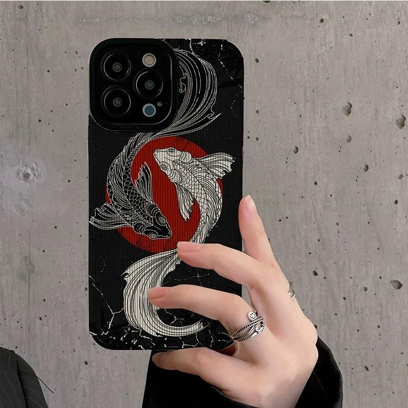 Black and White Cute Carp Oil Painting Phone Case for iPhone 15, 14, 13, 12, 11 Pro Max, Mini, 7, 8 Plus, X, XS Max, XR - Touchy Style