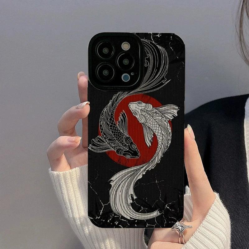 Black and White Cute Carp Oil Painting Phone Case for iPhone 15, 14, 13, 12, 11 Pro Max, Mini, 7, 8 Plus, X, XS Max, XR - Touchy Style