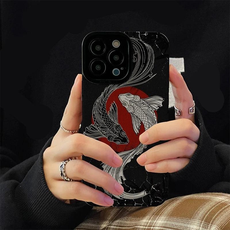 Black and White Cute Carp Oil Painting Phone Case for iPhone 15, 14, 13, 12, 11 Pro Max, Mini, 7, 8 Plus, X, XS Max, XR - Touchy Style