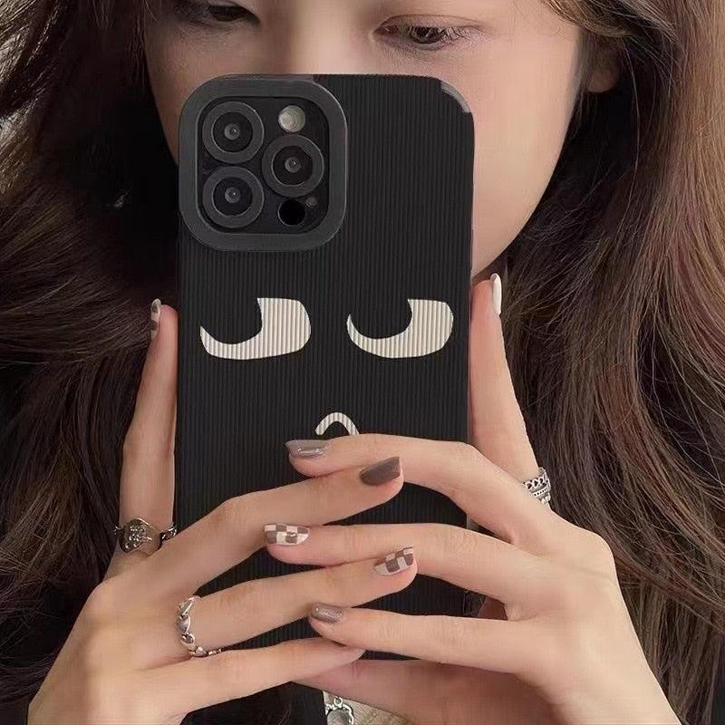 Black Cute Cartoon Expression Phone Case for iPhone 14, 13, 11, 12, Pro Max, Mini, Xs Max, X, XR, SE 2020, 7, 8 Plus - Touchy Style